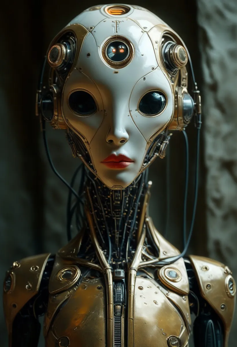 Futuristic robot head with a smooth white face, dark hollow eye sockets, red lips, and intricate mechanical parts, cables, and metallic body suit