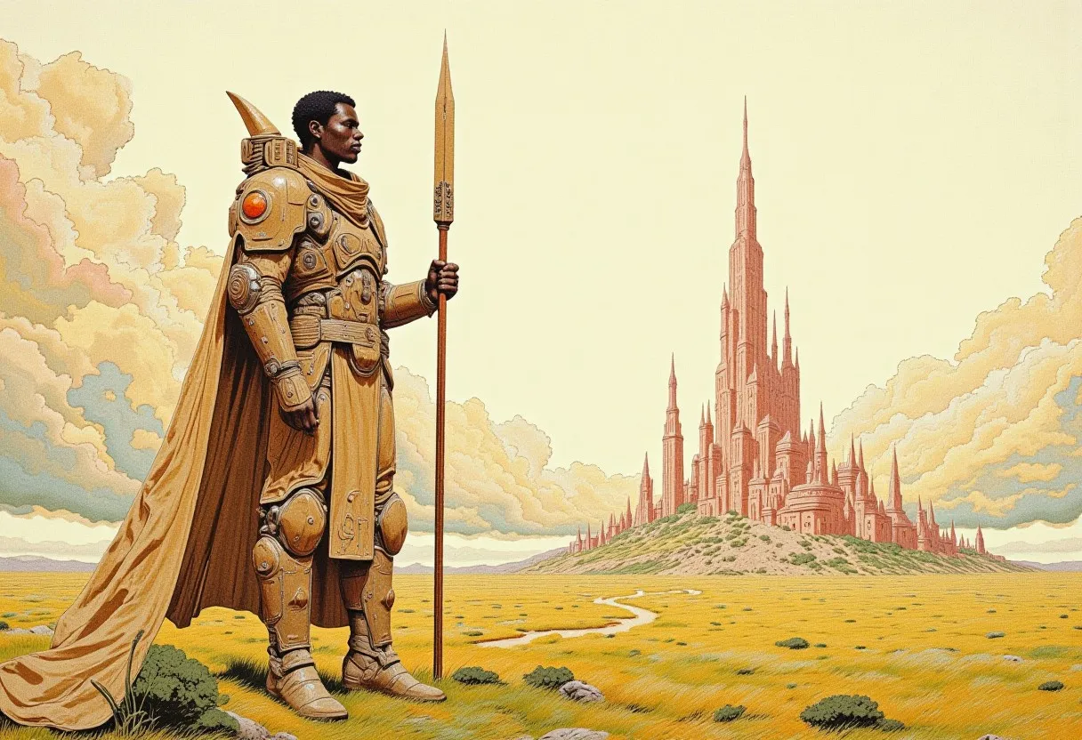 Full body of an imposing African space guard in detailed, golden armor holding a spear, standing on a vast yellow plain with a futuristic city on the horizon under a cloudy sky in pastel colors, comic book style.