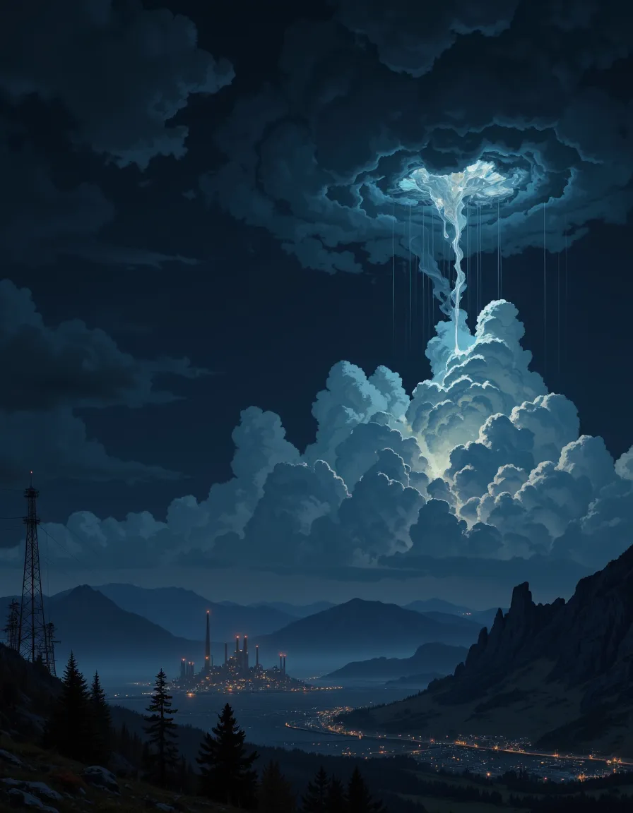 Digital artwork depicting a dark night scene with a distant factory glowing faintly with lights surrounded by fog and mountains. Above, thick luminous clouds and steam twist skyward, creating a mystical atmosphere.