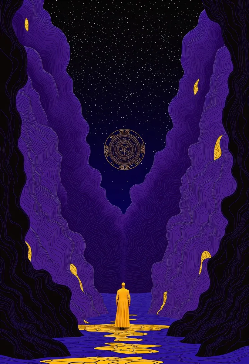 A surreal abstract scene featuring a lone figure in yellow standing on a cracked yellow path, surrounded by towering purple cliffs against a starry night sky with a mystical circular symbol in the center.