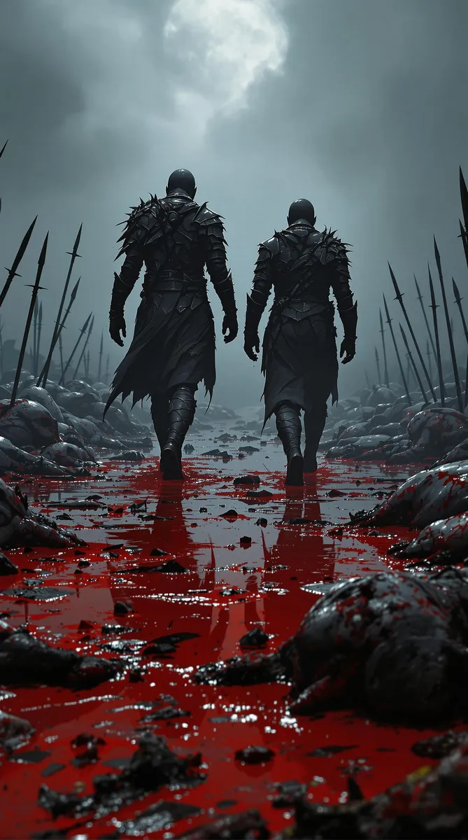 Two warriors clad in dark, stylized armor walk through a blood-soaked battlefield under a gloomy, grayish-blue sky, surrounded by fallen creatures and scattered weapons.
