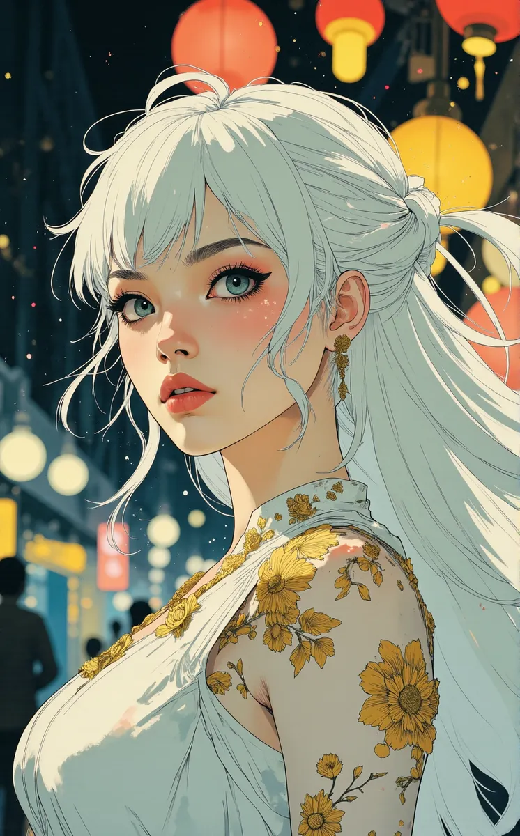 Close-up anime style portrait of a young woman with flowing white hair, gold floral embroidery on white dress, and a tattoo of yellow flowers on her arm, set against a backdrop of colorful night lights.