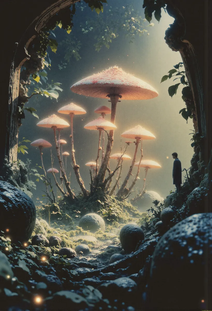 A surreal forest scene featuring giant glowing mushrooms with textured caps surrounded by lush ivy, with a small silhouetted man standing nearby under soft diffused light.
