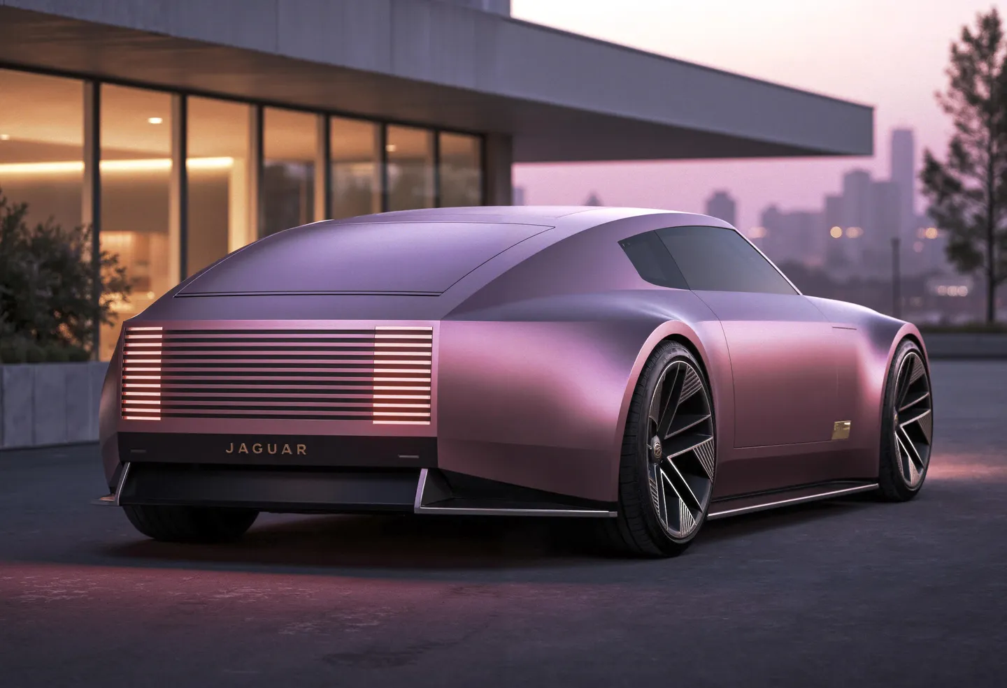 A luxury Jaguar sports car shown from a three-quarter rear angle in an opulent modern cityscape at dusk, highlighting its sleek aerodynamic design and illuminated rear lights.