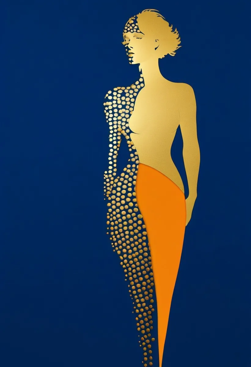 Abstract pop art image of a curvy woman in gold and tangerine split-tone colors on a dark blue background with a dot-matrix texture
