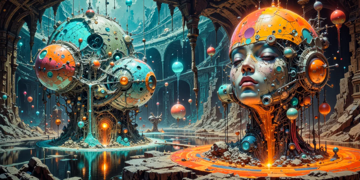 A surreal mechanical sculpture depicting human consciousness and the subconscious mind with colorful floating orbs and a cybernetic female face in an ancient futuristic environment.