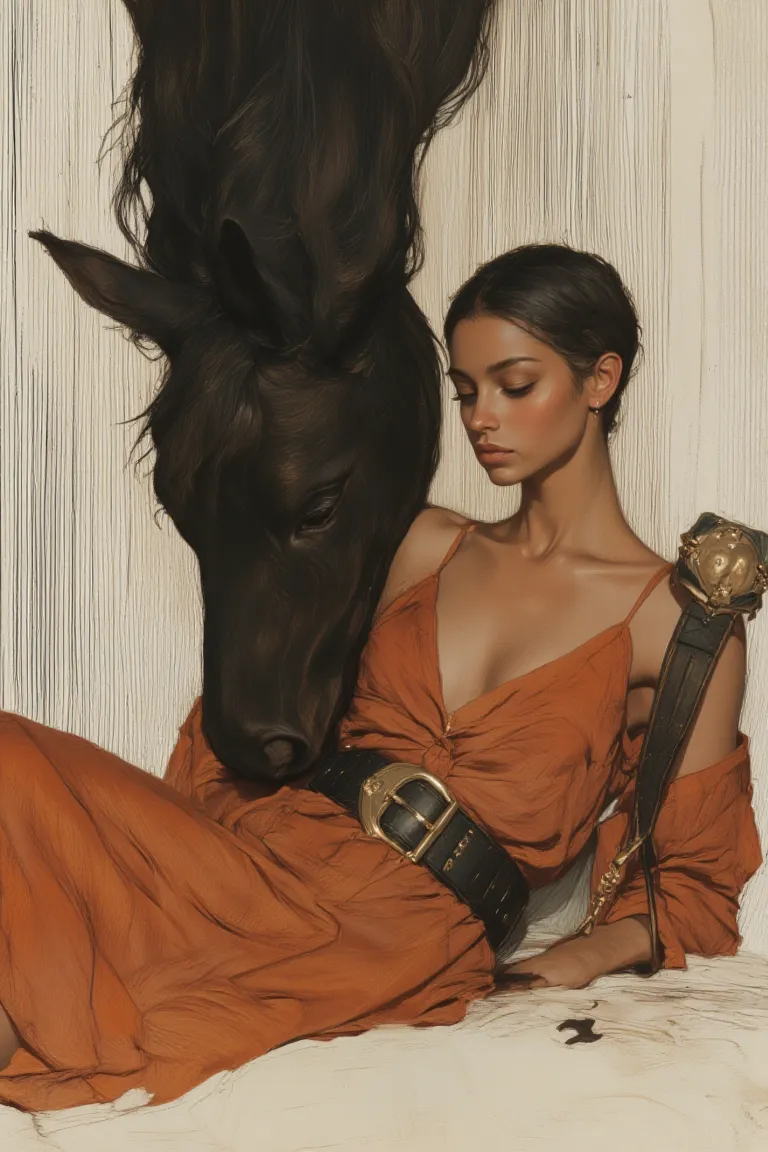 A woman dressed in a rust-orange satin outfit sits reclining beside a glossy black horse, their intimate connection highlighted against a textured beige floor and off-white wall backdrop.