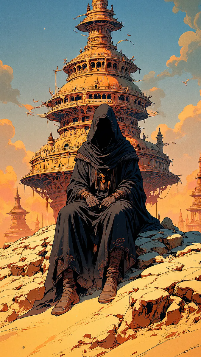 A dark-robed, hooded figure sits on rocky terrain in front of an immense multi-tiered circular tower, bathed in golden light in an otherworldly sand-covered landscape.