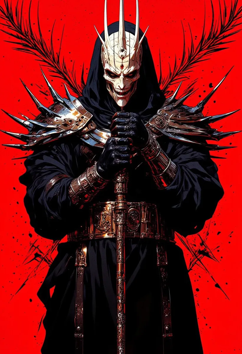 Gothic warrior figure wearing a dark cloak and spiked metallic armor, holding an ornate staff, standing against a vibrant red background.