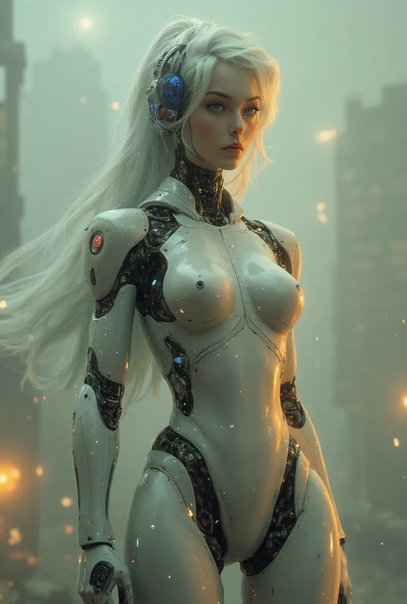 Photorealistic robot female with sleek white and black robotic body and fierce expression, featuring futuristic headset, standing in a misty city background with glowing lights.