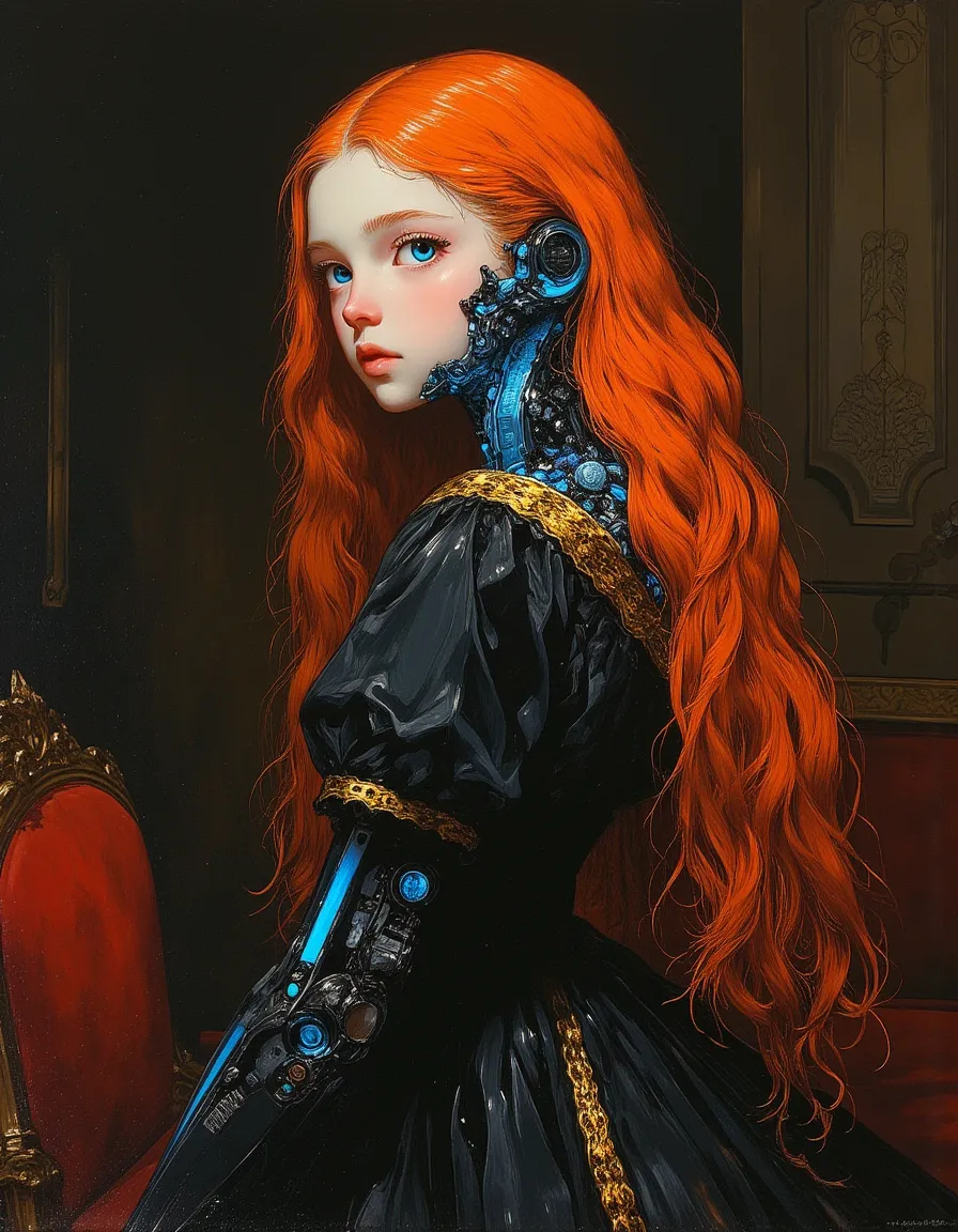 Oil painting of a petite teen android girl with long red hair and blue eyes, robotic parts glowing blue, wearing an ornate 1700s black and gold dress, set in a Victorian sitting room, in the style of Rembrandt.