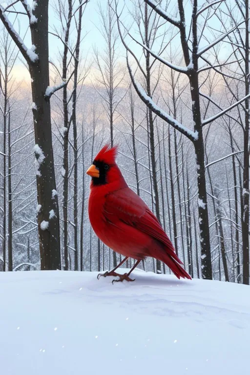 Bright red cardinal perched on snow-covered ground among leafless trees in a winter forest