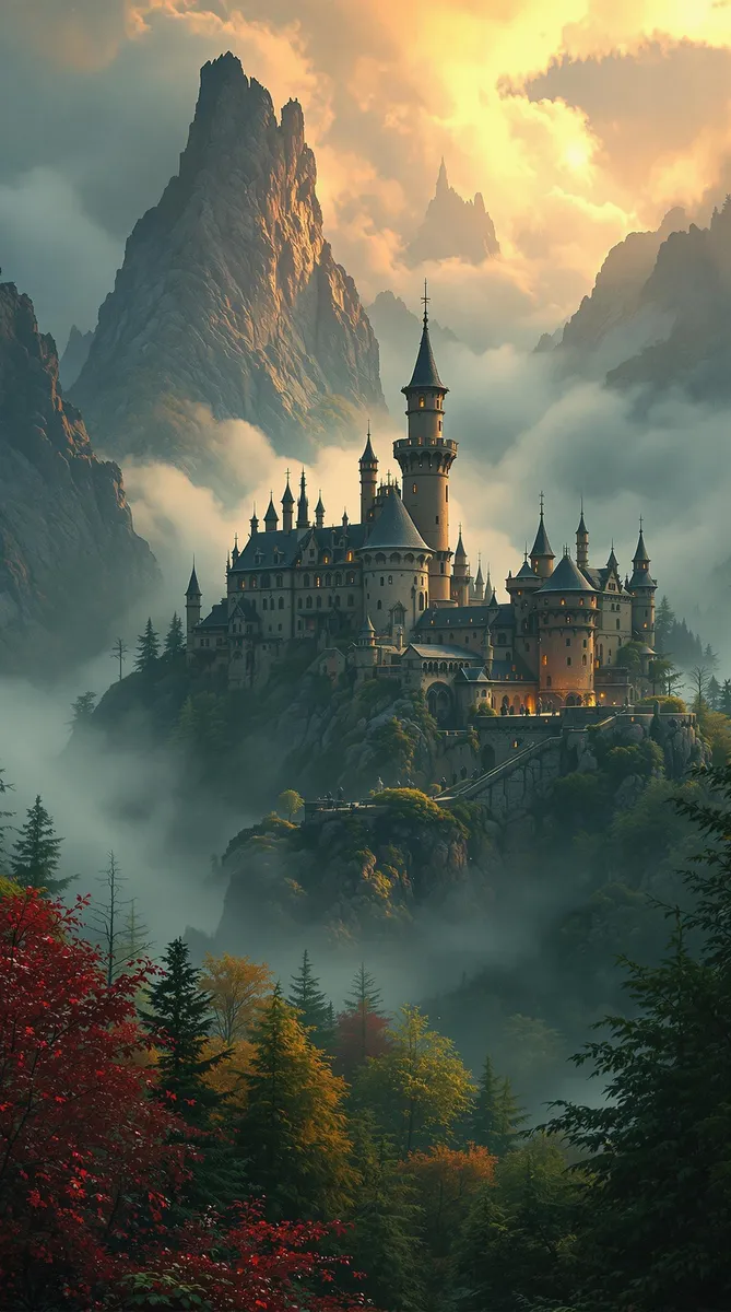 A majestic old castle perched on a rocky hill surrounded by dense mist, towering forest trees with autumn colors, and jagged mountain peaks in warm golden light.