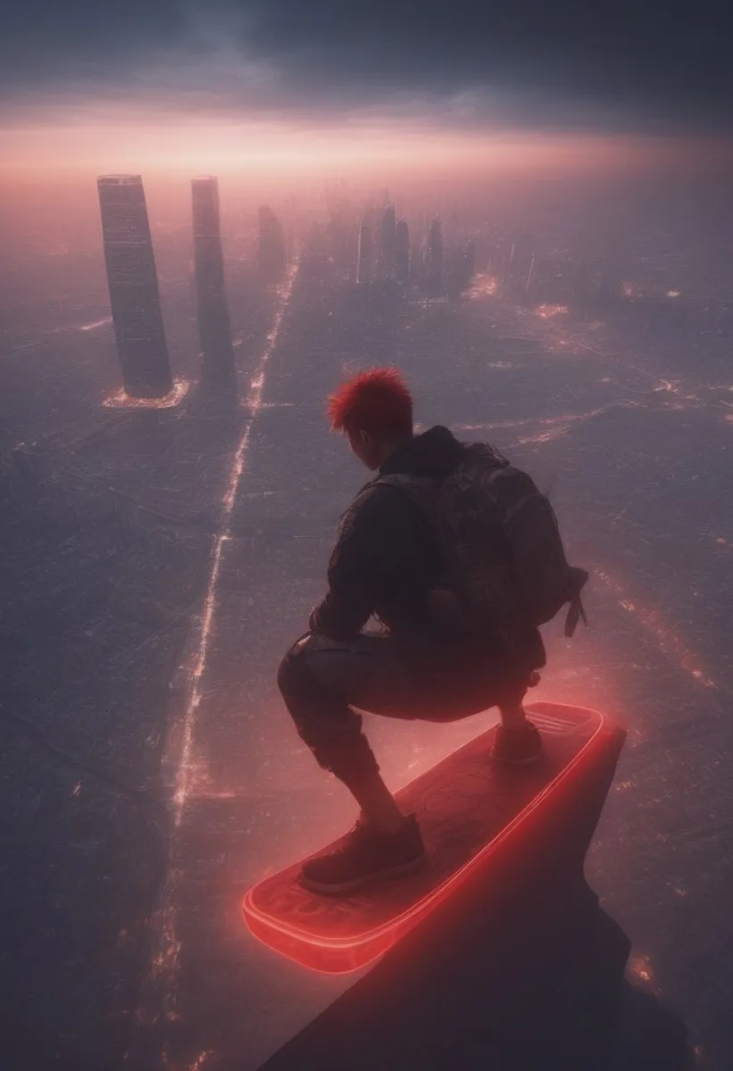 A cyberpunk young man with red mohawk skateboards on a glowing hoverboard above a futuristic urban cityscape at sunset, overlooking skyscrapers and neon-lit streets from an aerial perspective.
