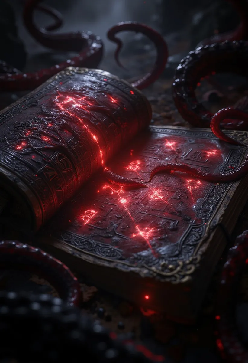 An ancient tome with intricate carvings opens to reveal glowing red runes, surrounded by dark tentacles and black smoky fume in a cosmic horror style