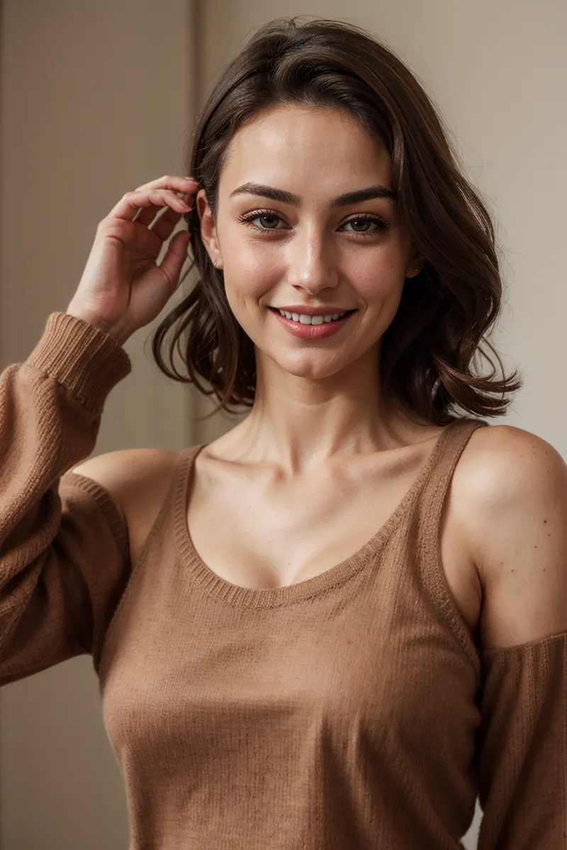 Hyper-realistic photo of a beautiful woman with brown almond-shaped eyes, smiling, wearing a caramel-colored sweater vest with zigzag hair part.