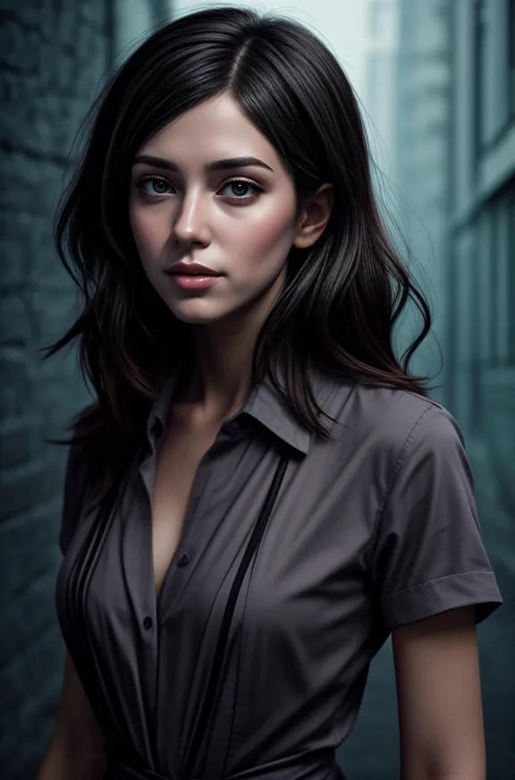 Detailed digital portrait of a young woman with medium dark hair, wearing a buttoned dark shirt, illuminated with soft lighting, styled for character concept art.