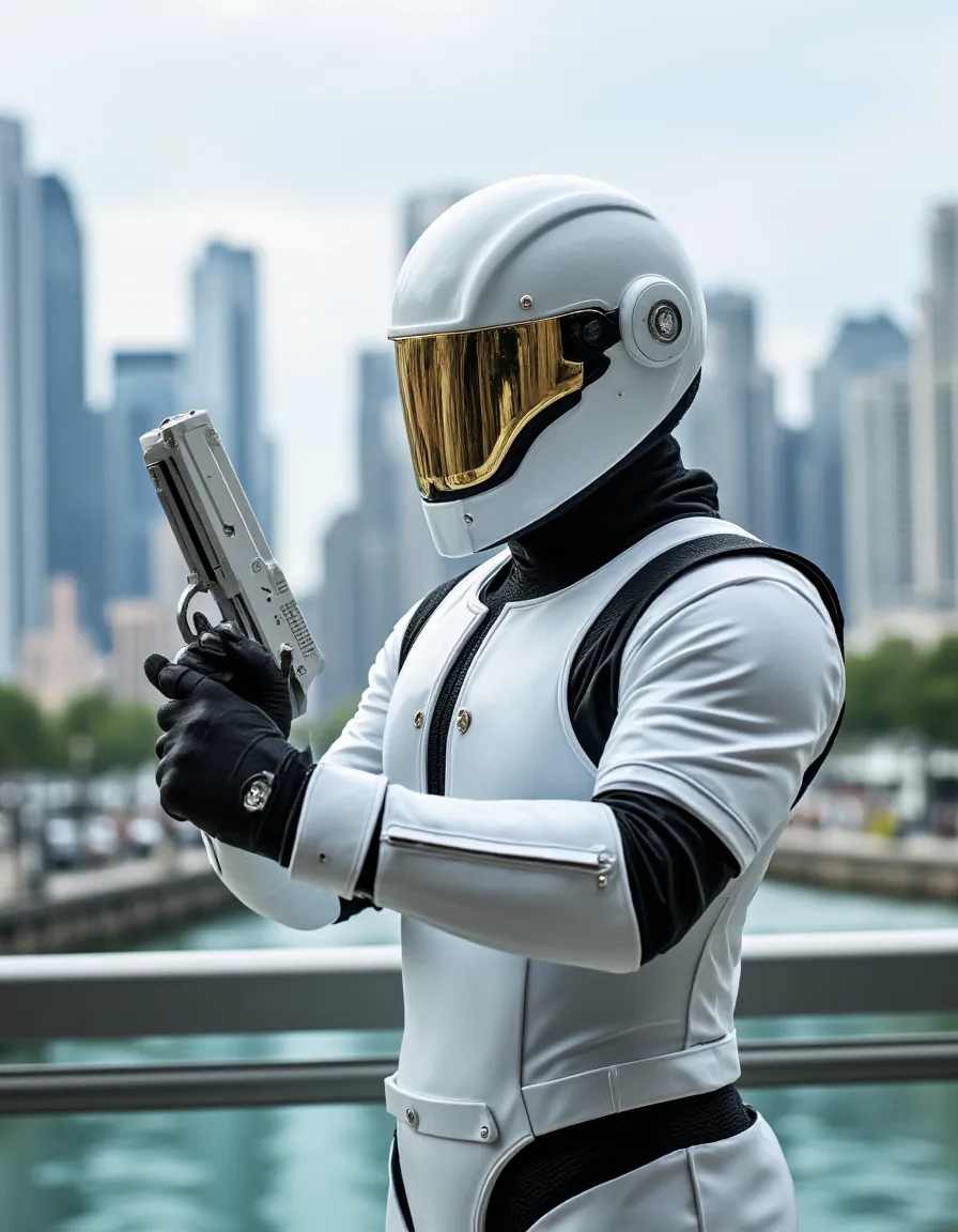 A soldier wearing stylish white body armor and helmet with a tinted gold visor stands in a guard position holding a white pistol, with a modern futuristic eco city skyline in the background.