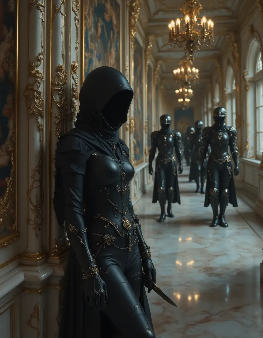A female assassin dressed in sleek black stealth clothing stands concealed against a marble column in an ornate royal palace corridor with ceremonial guards in black armor patrolling in the background.