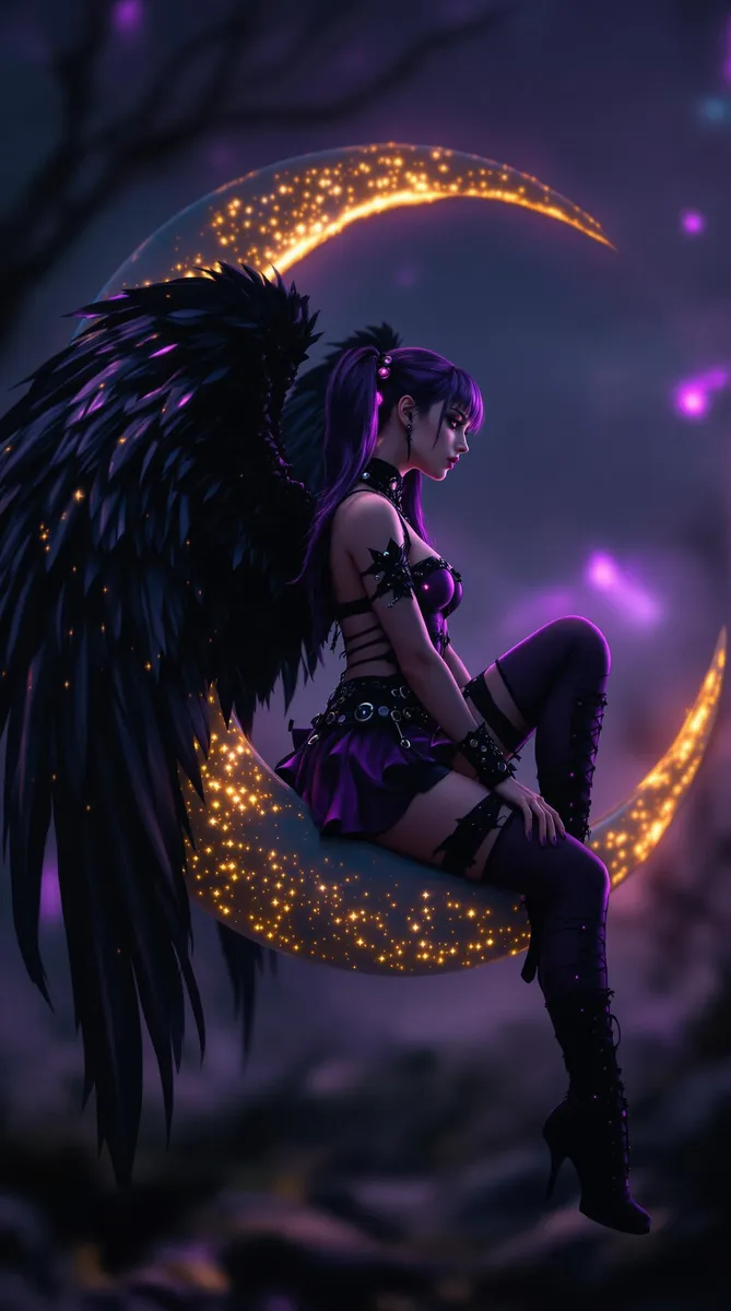 Photorealistic side view of a punk angel with large black wings and purple-black punk clothes sitting on a glowing crescent moon at night with dynamic lighting and a blurry background.