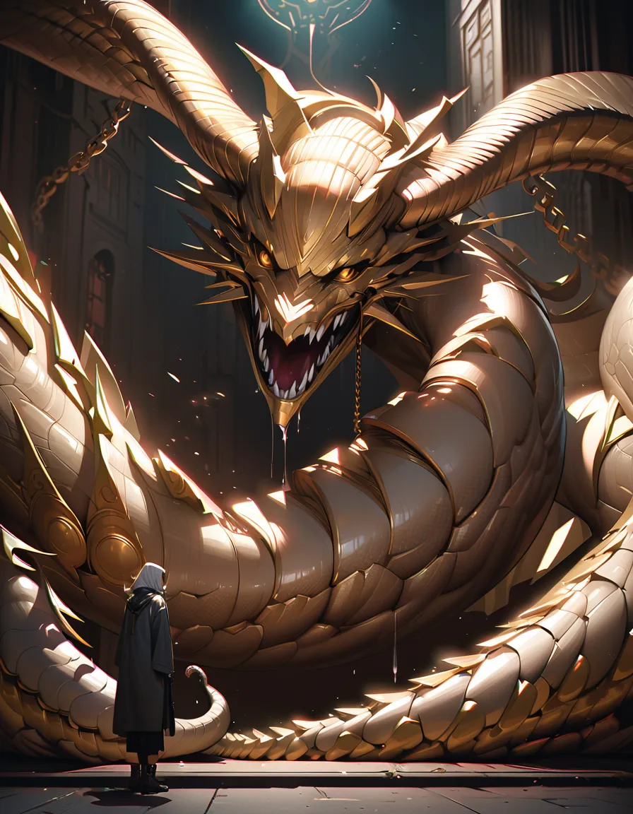 A hyper realistic image of an enormous coiled lamia adorned with decorative gold chains, baring poisonous fangs dripping venom, illuminated by dramatic lighting in a detailed dark setting.
