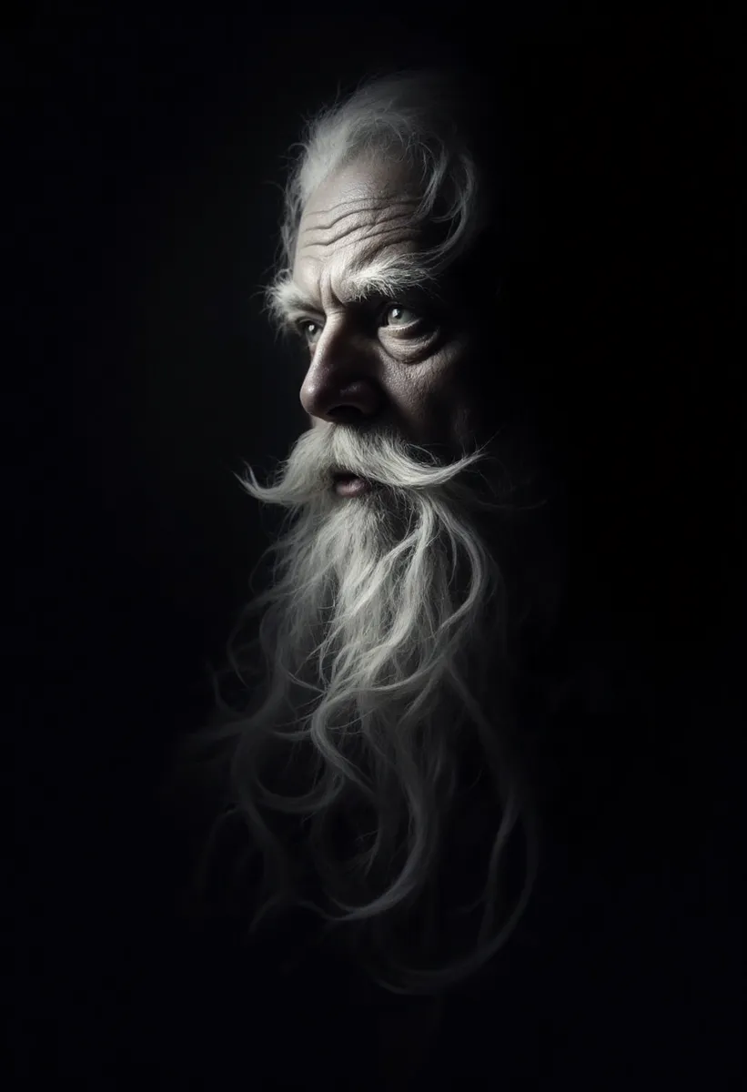 Dramatic chiaroscuro style portrait of Santa Claus with one side of his face dimly lit and the other obscured in deep shadow, showing a mysterious expression and mystifying eyes behind a long white beard.