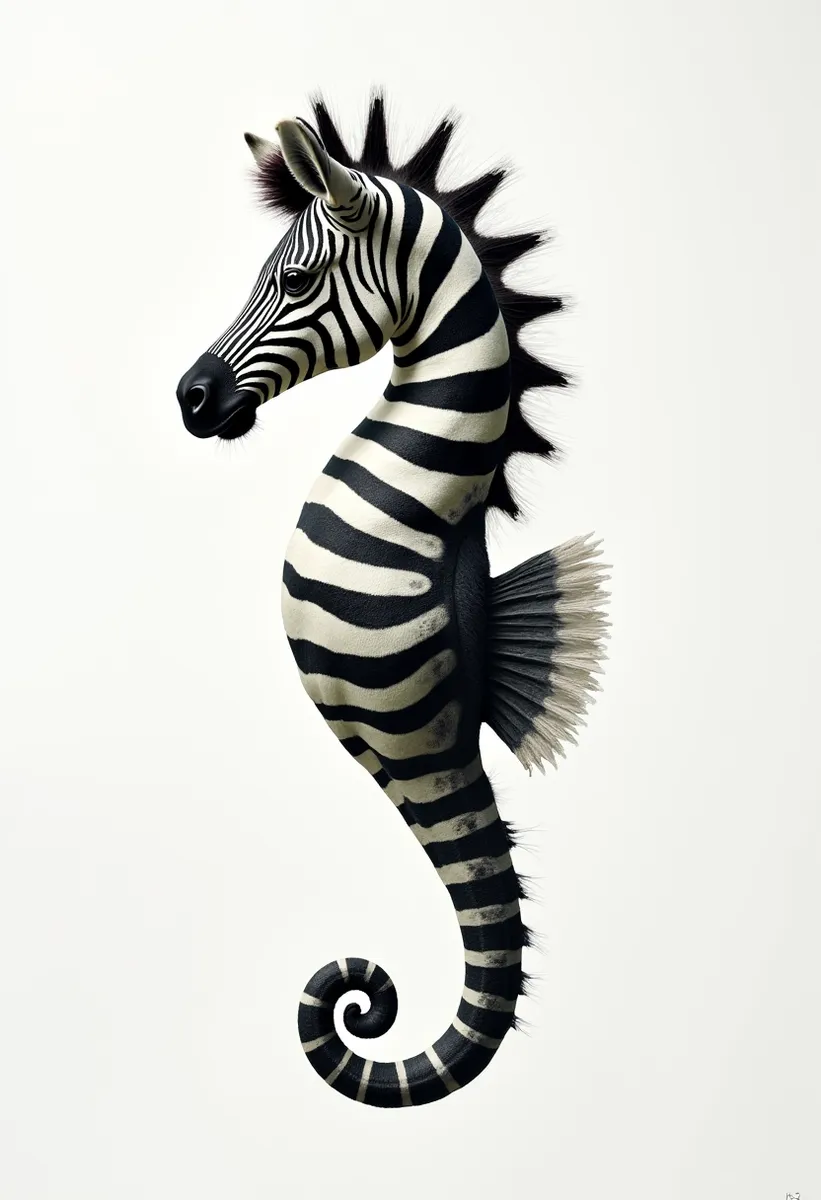 Surreal black and white creature combining zebra stripes and seahorse body, set against a white background.