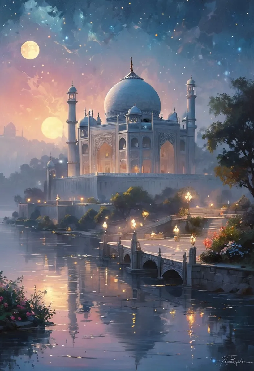 A majestic palace inspired by the Taj Mahal glowing under moonlight by a calm lake with reflections, surrounded by gardens and illuminated pathways at night.
