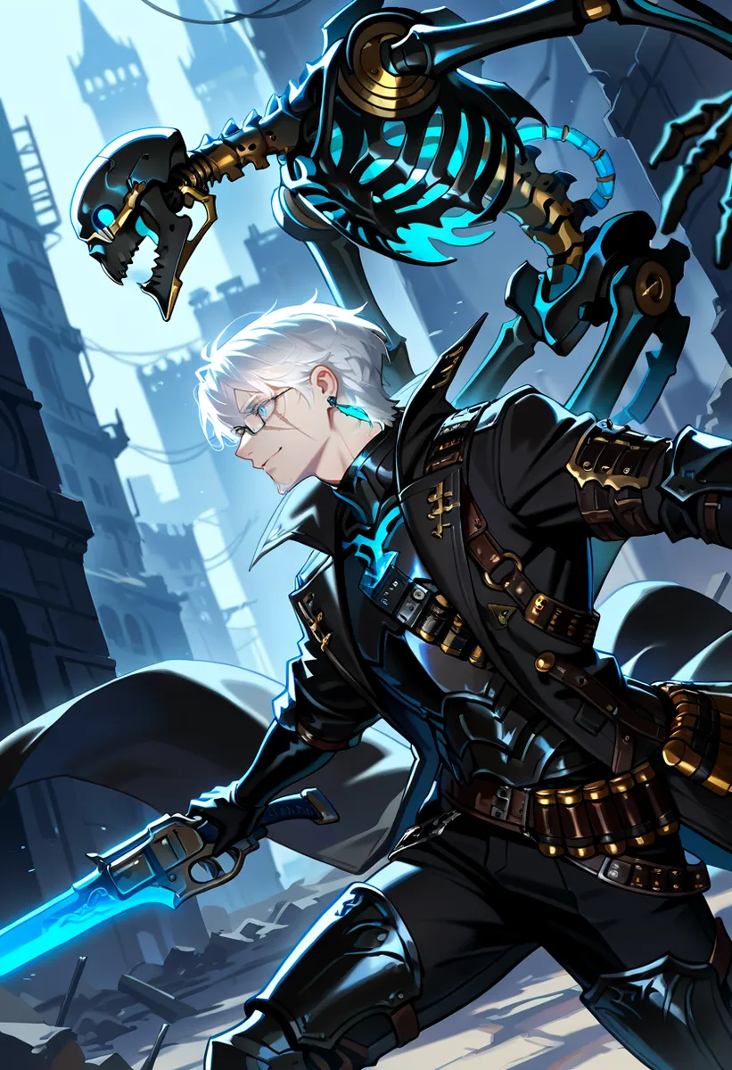White-haired male warrior in black armor and glasses parrying an attack from a large robotic skeleton in a ruined fantasy city.