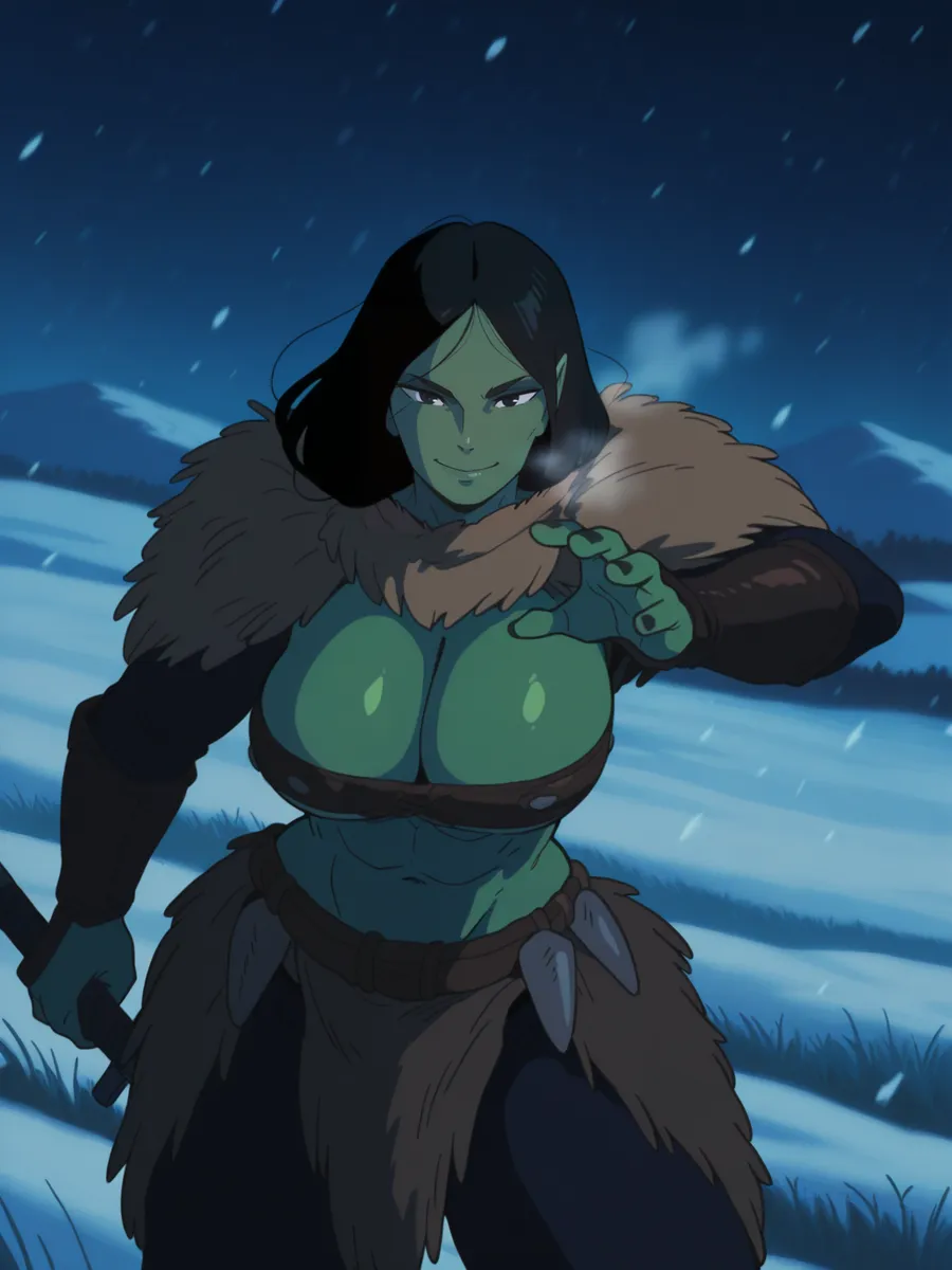 Anime-style orc female warrior with green skin and black hair in revealing brown leather armor holding a sword, standing in a snowy field at night.