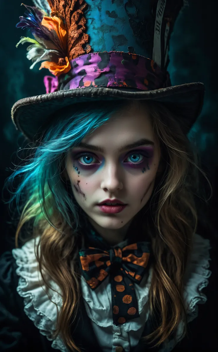 Portrait of a young Mad Hatter girl with vivid blue eyes, vibrant creepy makeup, and a colorful tall hat against a surreal dark background.
