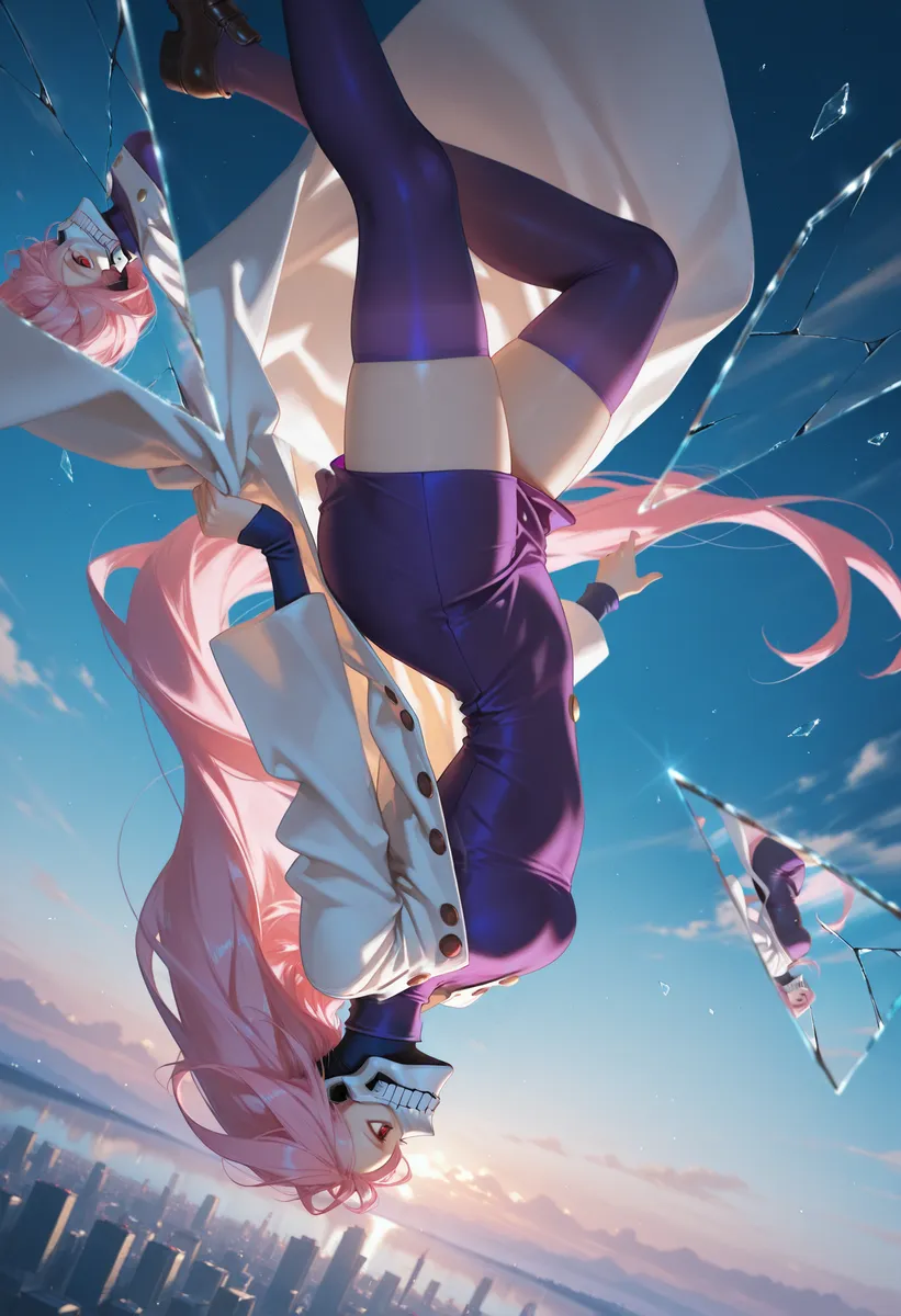 A woman with long pink hair and a white mask is floating upside-down above a cityscape, surrounded by shattered broken glass fragments reflecting multiple views.