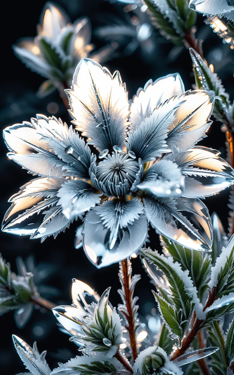 Close-up of a highly detailed ice flower with sharp ice crystal petals and frosted leaves in white and blue shades.