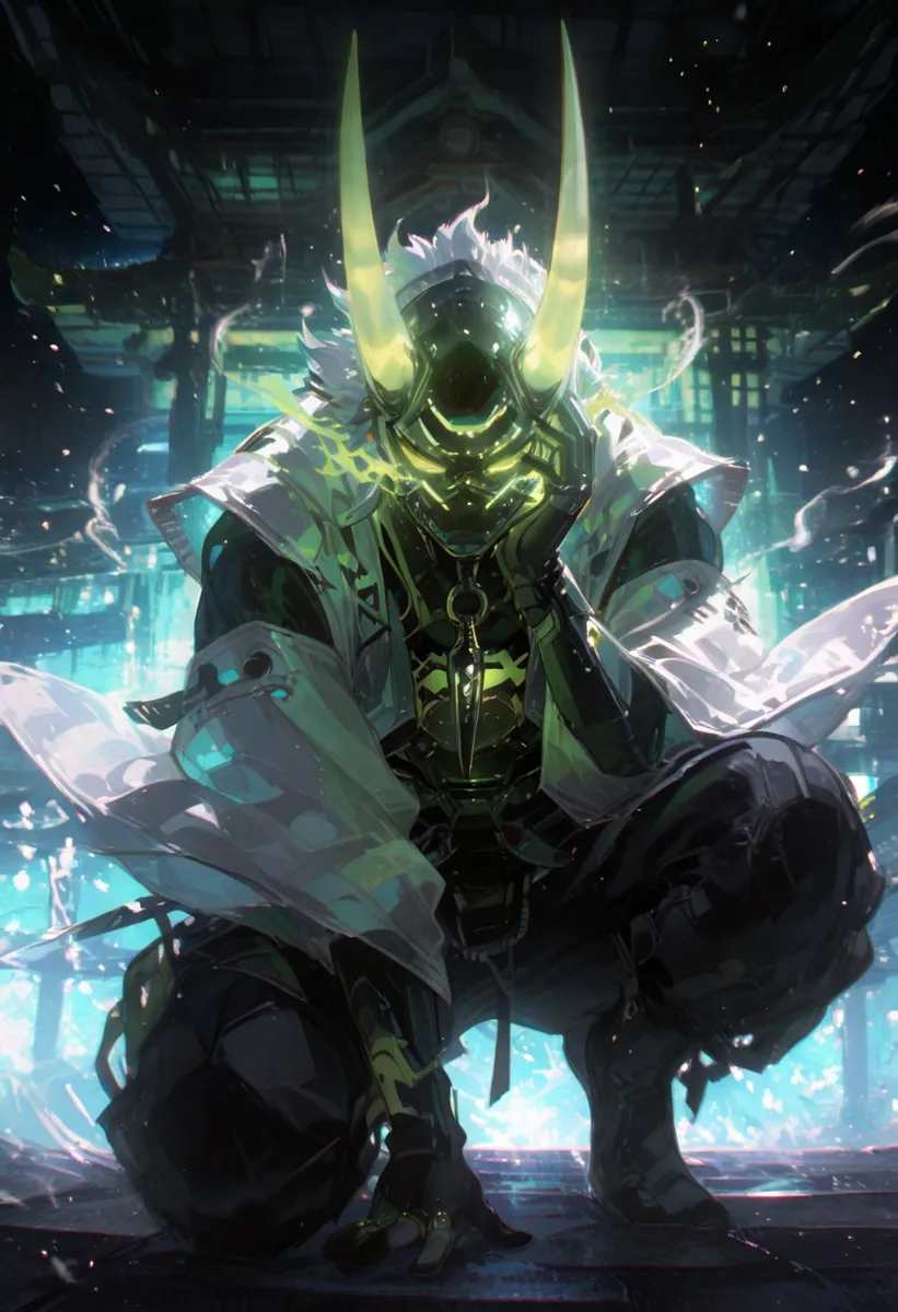 Cyber ninja character resembling Loki in a shinobi shozoku crouching with a glowing virtual helmet featuring large neon horns, wielding neon green daggers in a cyberpunk shrine environment with volumetric lighting.