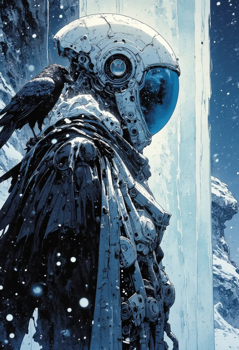 A detailed portrait of an astronaut with a frost-covered helmet and black cape, accompanied by a raven perched on their shoulder, standing in a snowy, icy landscape.