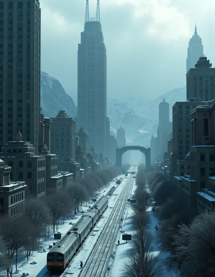Snow-covered dystopian city in a mountainous region with tall authoritarian-style skyscrapers, high speed trains on snowy tracks, tree-lined avenues, and a cloudy winter sky.