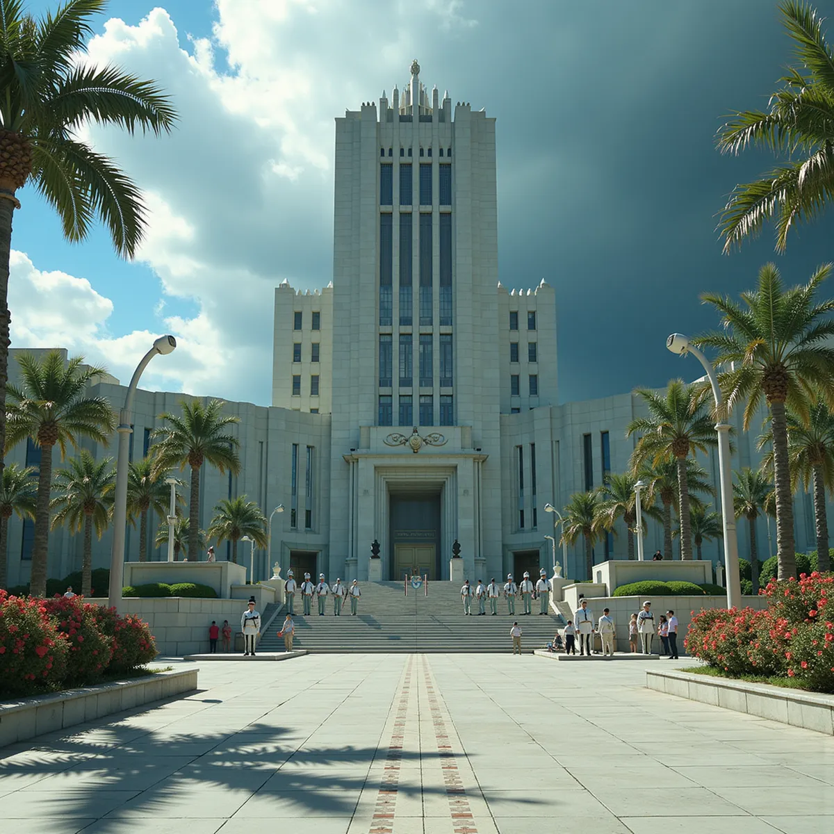 A large brutalist government building with sharp geometric design stands behind a wide tropical plaza lined with palm trees and flowering shrubs. Uniformed guards stand at the entrance with surveillance cameras mounted around, and a stormy sky looms above.