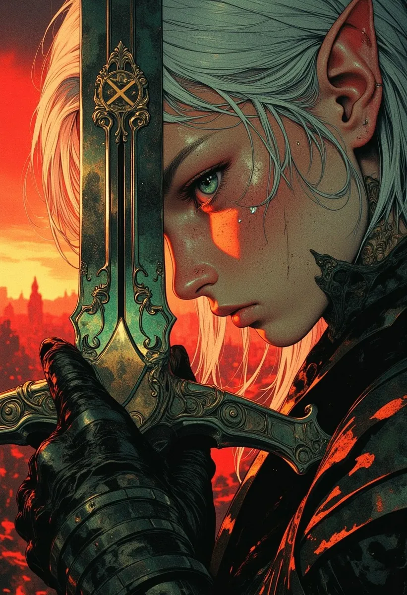 Close-up of a grief-stricken elven warrior with emerald-green eyes teary and silver hair, holding a broken ornate sword amid a burning sunset background.