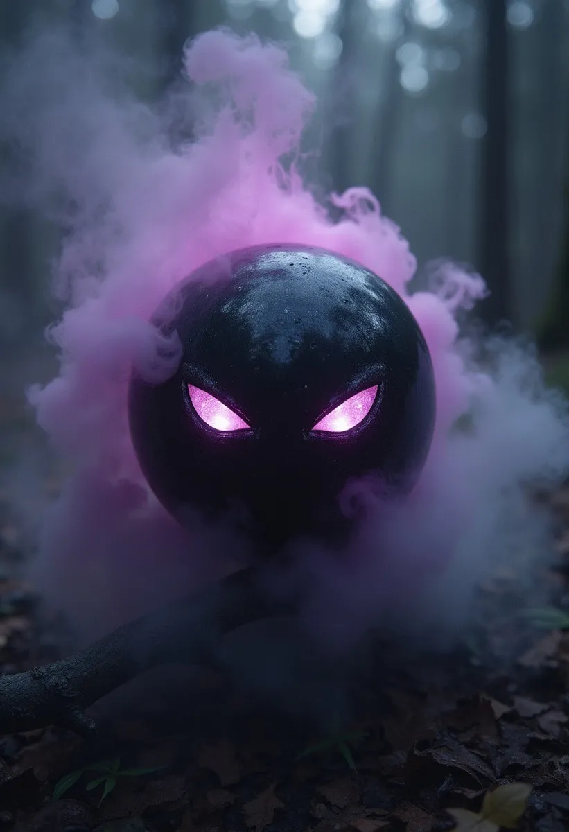 A black obsidian magic orb with glowing purple evil eyes surrounded by swirling mystical fog in silver and purple hues in a dark forest setting