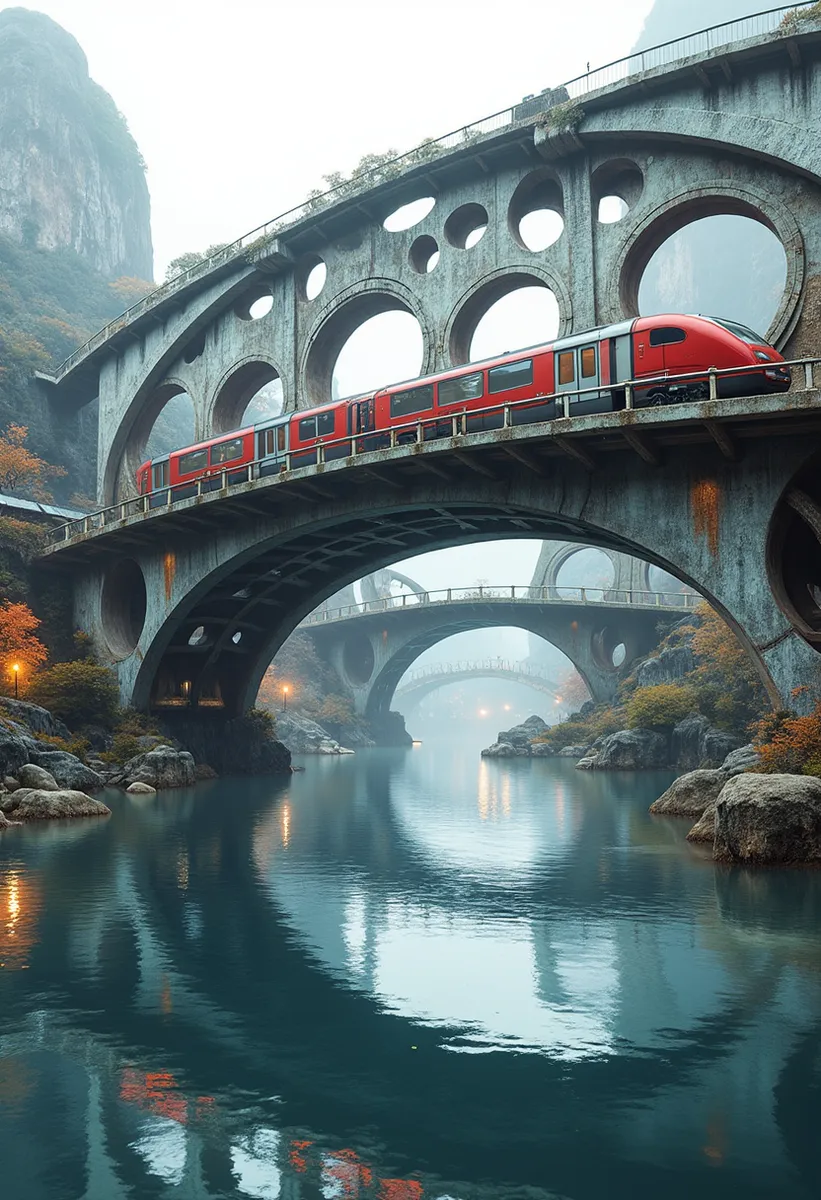 A red bullet train crosses a large metal arch bridge with circular openings and ring stanchions, reflecting on calm water in a foggy, rocky landscape with autumn foliage.