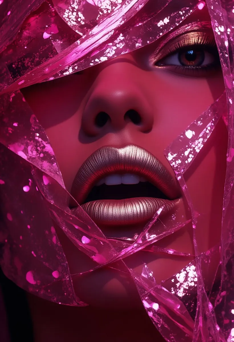 Close up of a fashion model's lips with a metallic finish under vibrant pink light, surrounded by shards of glossy pink textured material.