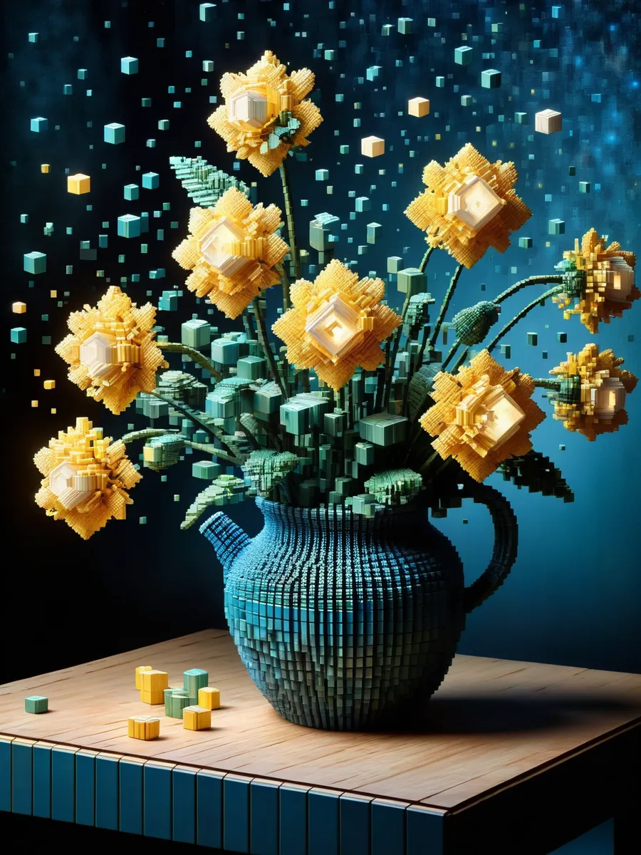 Digital 3D pixelated sunflowers composed of yellow cubes in a blue vase with green cubic leaves, glowing softly under an ethereal firefly light in a dark blue background.