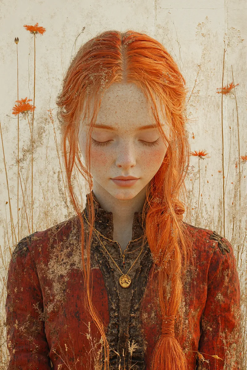 A serene red-haired woman with freckles and closed eyes, dressed in textured velvet attire with a golden pendant, surrounded by delicate wildflowers.