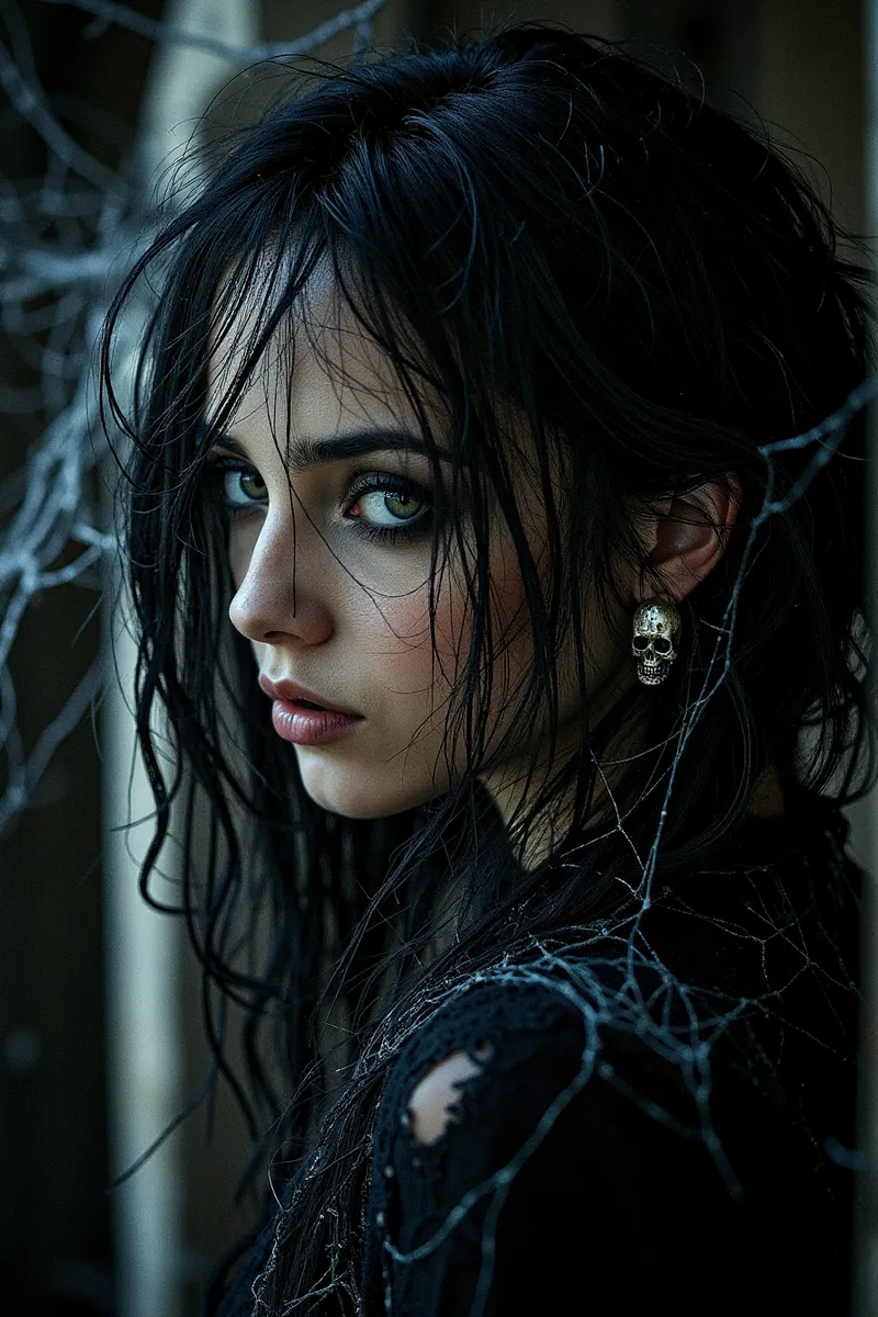 Portrait of a gothic woman with long messy black hair, wrapped in ancient spider webs, wearing skull earrings, and dark makeup with harsh shadows.