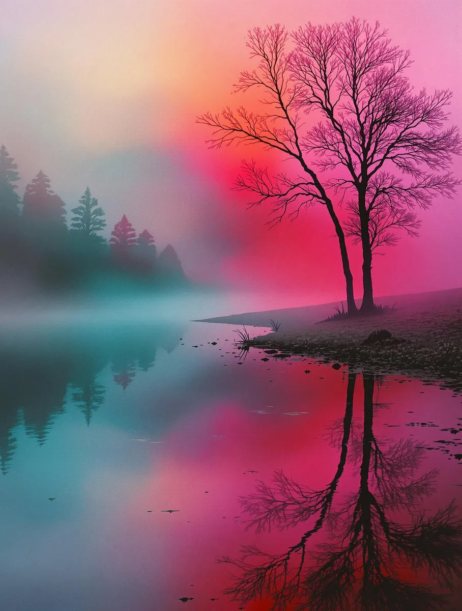 Neo-pictorialist landscape featuring soft chiaroscuro lighting with misty reflections on calm water, a silhouetted leafless tree by the shore, and a gradient of cyan and magenta hues blending into atmospheric haze.