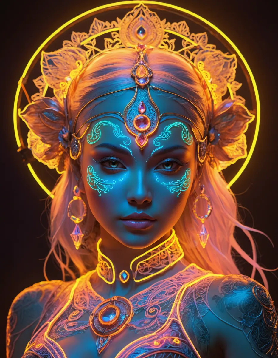 A stunning fantasy portrait of a female character with neon outlines, intricate golden jewelry, ethereal glowing face markings, and a mystical halo, looking directly at the viewer.