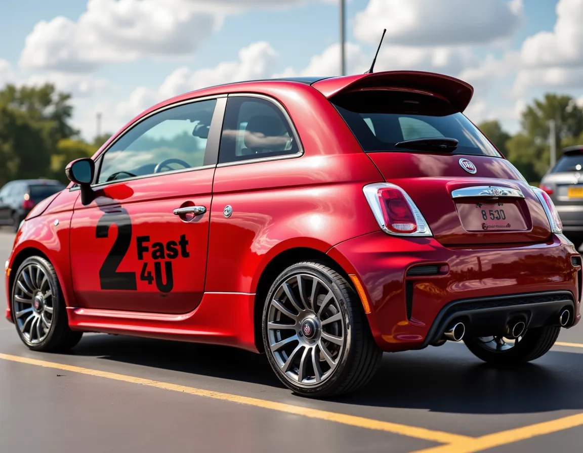 Sporty red Fiat 500 compact car with tinted windows, polished wheels, aftermarket spoiler, and black '2 Fast 4U' decal parked in a parking lot.