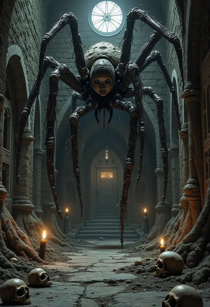 A giant nightmarish spider with a doll-like face hangs inside a decrepit gothic church surrounded by twisted roots, skulls on the floor, and dim candlelight.