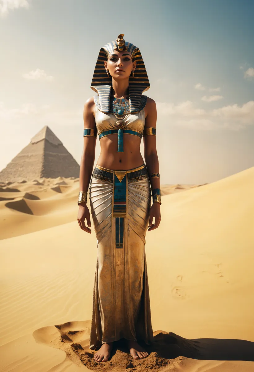 A photorealistic depiction of an Egyptian goddess standing in the desert, dressed in traditional pharaoh attire with a pyramid in the background under clear sky.
