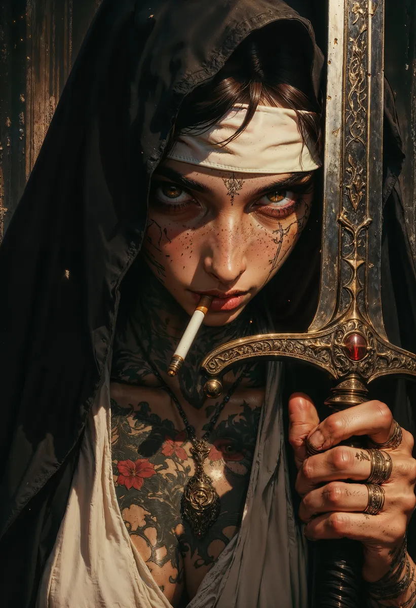A realistic portrait of a sensually rebellious nun with intricate tattoos, holding a detailed longsword and a cigarette between her lips, her intense gaze drawing in the viewer.
